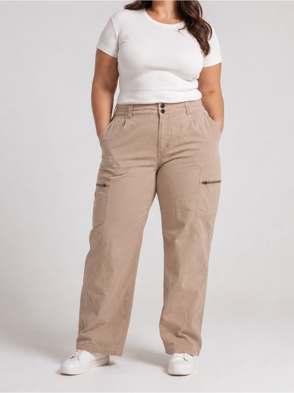 SO Women’s Beige Cargo Pants XL Wide Leg Utility Pockets Long Length Casual
